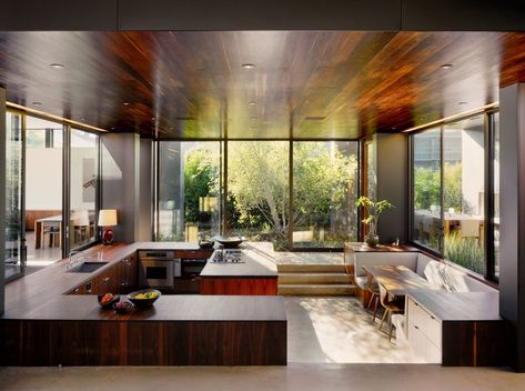 Sunken Kitchen, G Shaped Kitchen, Marmol Radziner, California Homes, Outdoor Living Areas, Open Kitchen, House Inspo, Outdoor Living Space, Great Rooms