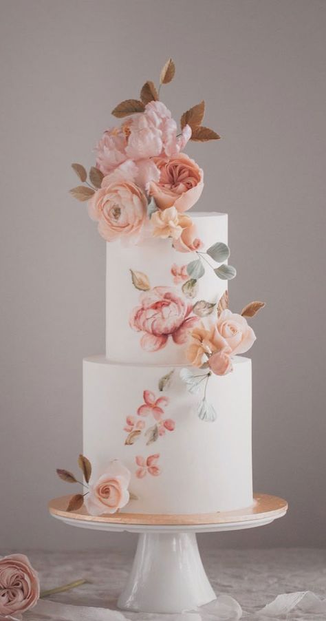 Hand Painted Cake Designs, Trending Wedding Cakes, Floral Theme Cake, Peony Wedding Cake, Wedding Cake Fondant, 2 Tier Wedding Cake, Hand Painted Wedding Cake, Hand Painted Cake, Cake Elegant