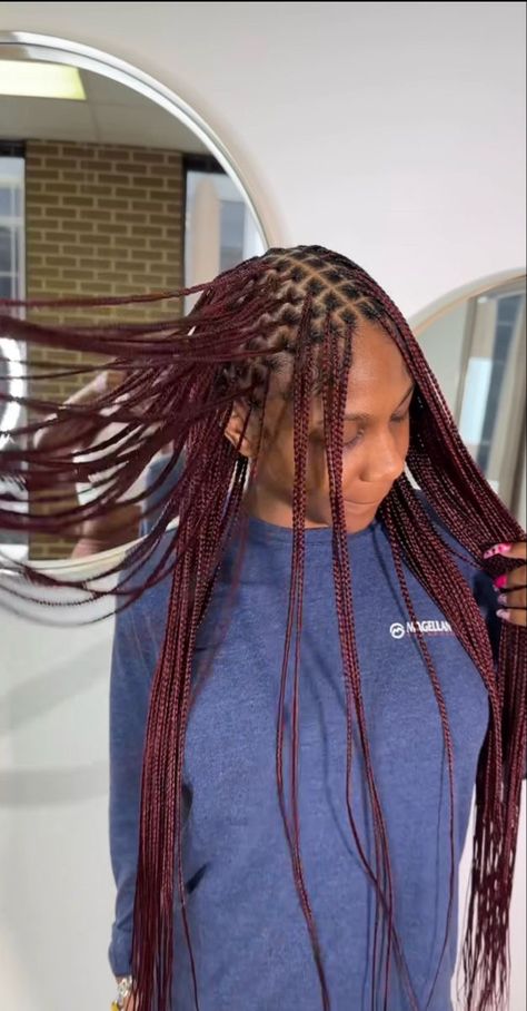 Burgundy Boho Knotless, 99j Knotless Braids, Red Braids For Black Women, Red Braids, Corn Rows, Boho Knotless Braids, Hair Plugs, Hair Twists, Boho Knotless