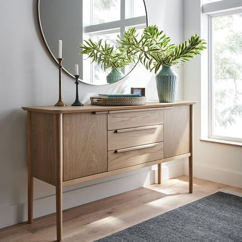 Tate Sand Midcentury Sideboard + Reviews | Crate and Barrel Sideboard Decor Dining Room, How To Decorate A Sideboard, Midcentury Sideboard, Sideboard Styles, Sideboard Decor, Buffet Decor, Dining Room Sideboard, Mid Century Sideboard, Taper Candle Holder