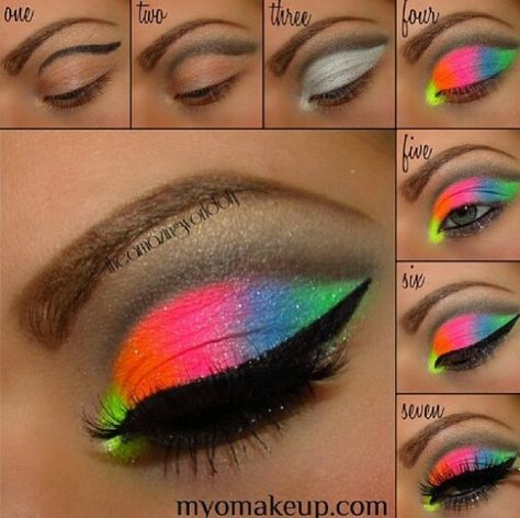 Seven simple steps to get neon, rainbow eye shadow. Carnaval Make-up, Rainbow Eye Makeup, Neon Eyeshadow, 80s Makeup, Rave Hair, Neon Makeup, Dance Stuff, 80s Theme, Rave Party