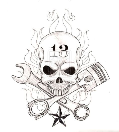 Skull And Wrenches Tattoo, Skull Piston Tattoo, Wrench Tattoo, Piston Tattoo, Mechanic Tattoo, Skull Stencil, Motorcycle Tattoos, Truck Tools, Skull Coloring Pages