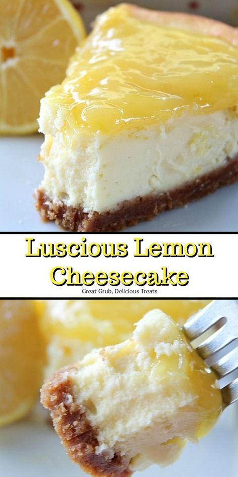 Luscious Lemon Cheesecake is full of lemony flavor, both tart and sweet, with a lemon curd topping. #lemon #cheesecake #desserts #dessertfoodrecipes #yummy #greatgrubdelicioustreats Desserts Cheesecake, Biscotti Cheesecake, Lemon Glaze, Oreo Dessert, Cheesecake Desserts, Keto Cheesecake, Lemon Cheesecake, Lemon Desserts, Köstliche Desserts