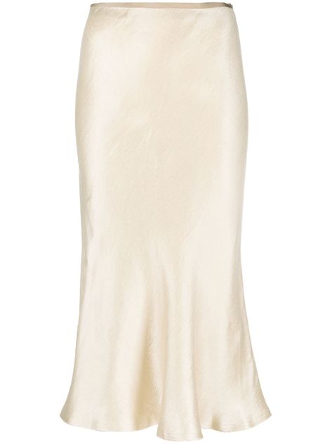 light beige silk high waist rear zip fastening flared hem calf-length Farfetch Skirt, Margiela 2023, Beige Silk Skirt, Cream Silk Skirt, White Silk Skirt, Silk Midi Skirt, Wardrobe Capsule, Beige Skirt, Ideal Wardrobe