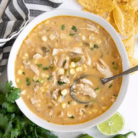 This hearty White Chicken Chili is made with simple ingredients like canned white beans, juicy chicken, and sweet corn in a rich and creamy broth. Both satisfying and delicious, it’s easy to make any night of the week. White Bean Chicken Chili, Crockpot White Chicken Chili, Creamy White Chicken Chili, Best Healthy Dinner Recipes, White Chili Chicken Recipe, Chicken Chili Recipe, Pulled Pork Recipes, Fall Dinner Recipes, Homemade Chili