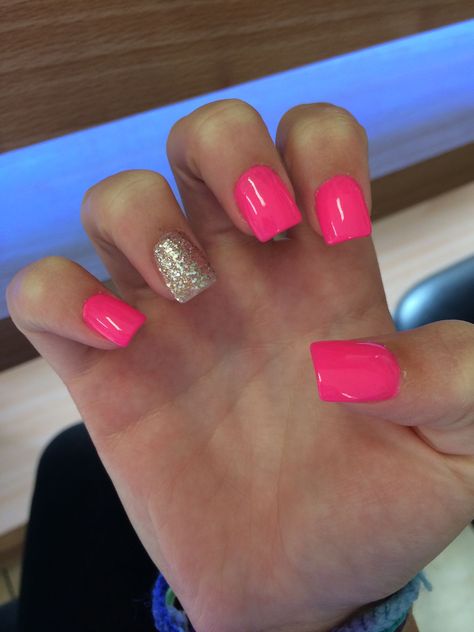 Hot Pink Nails With Glitter Accent, Square Acrylic Nails Pink Glitter, Almond Blue Nails, White Toes Nail, Neon Prom Dress, White And Green Nails, Glitter Nails Acrylic, Pink Glitter Nails, Hot Pink Nails