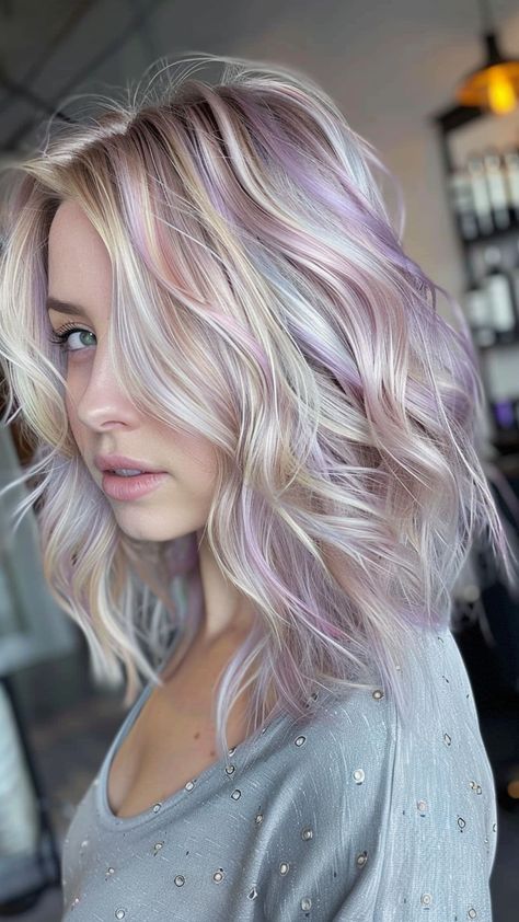 Blond With Lavender Highlights, Platinum Blonde With Lavender Highlights, Lavender Highlights Blonde Hair, Blonde With Lavender Highlights, Blonde Hair With Lavender Highlights, Lavender Blonde Hair, Lavender Hair Ideas, Lavender Blonde, Soft Pink Hair