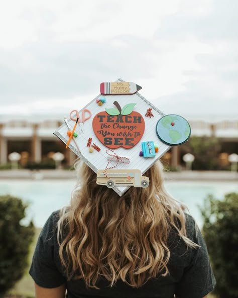 Cute Teacher Graduation Caps, Educator Graduation Cap, Education Major Cap Decoration, College Senior Pictures Teacher Education Major, Graduation Picture Ideas Teacher, Graduation Cap Teacher Education Major, Graduation Cap Designs Teaching, Teacher Grad Caps Education Major, Education Caps Graduation