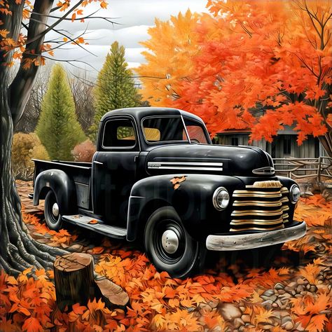 Vintage Auto's, Art Transportation, Black Truck, Vintage Pickup Trucks, Transportation Theme, Old Truck, Farm Trucks, Farm Scene, Autumn Scenes