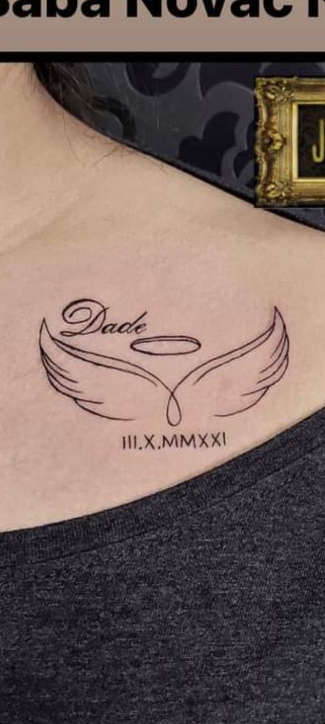 Angel Wings With Roman Numerals Tattoo, Angle Tattoo, Memorial Tattoo Quotes, Cupid Tattoo, Rip Tattoo, Jagua Tattoo, Dad Tattoo, Roman Numeral Tattoos, Date Tattoos