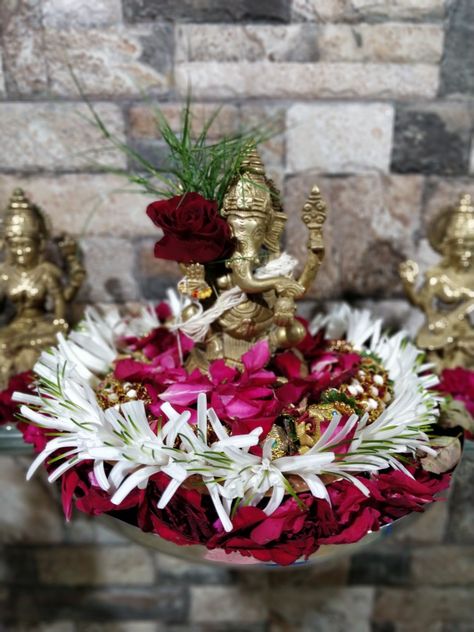 Ganesha pooja decor Ganesha Pooja, Puja Decoration, Ganesh Pooja, Pooja Decor, Diwali Decoration, Diwali Decorations, Ganesha, Diwali, Baby Shower