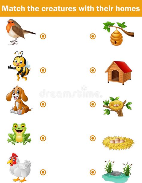 Illustration about Illustration of Matching game for children, animals with their homes. Illustration of character, game, match - 79293606 Animals For Kindergarten, Homes Of Animals, Emotions Preschool Activities, تصنيف الحيوانات, Animals And Their Homes, Emotions Preschool, Animal Worksheets, Kids Worksheets Preschool, Game For Children