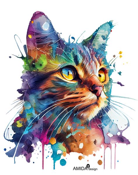 Colorful Watercolor painting of a Cat portrait Animal Lover Drawing, Colorful Cat Painting, Cat Art Watercolor, Cat Illustration Design, Colorful Cat Art, Watercolour Cat, Cat Watercolour, Cat Portrait Tattoos, Colorful Animal Paintings