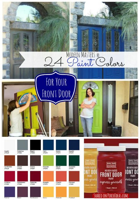 24 fabulous paint colors made especially for doors! Wow, imagine how your front door could look in this paint that does not fade and dries quickly. Modern Masters has a free app that allows you to see your front door in any of their 24 colors - before you lift a brush. Shared on Front-Porch-Ideas-and-More.com #frontdoor #doorpaint #frontdoorpaint #frontporchideas What Color Should I Paint My Front Door, Modern Masters Front Door Paint, Front Door With Window, Best Paint Finish For Front Door, Best Red Paint For Front Door, Change Front Door Color Temporary, Beat Blue Front Door Colors, Porch Paint, Front Door Paint Colors