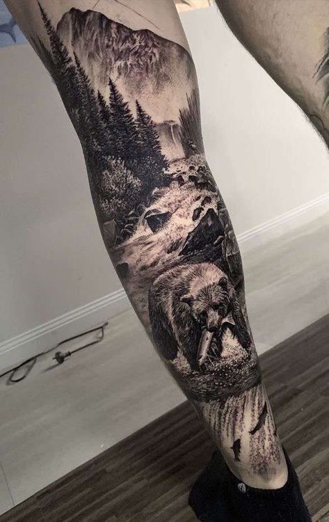 Men’s Sleeve Tattoo Bear, Full Sleeve Outdoor Tattoo, Mountain Tattoo Leg Sleeve, Bear Leg Sleeve Tattoo, Mountain Leg Sleeve Tattoo, Wilderness Forearm Tattoo, Nature Bicep Tattoo, Forest Leg Tattoo Men, Leg Sleeve Tattoo Animals