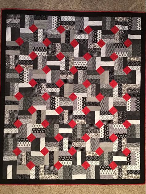 Red Black White Quilt, Black And Red Quilts, Black White Quilt, Charm Square Quilt, Strip Quilt, Beginner Quilt, Black And White Quilts, White Quilts, Red And White Quilts