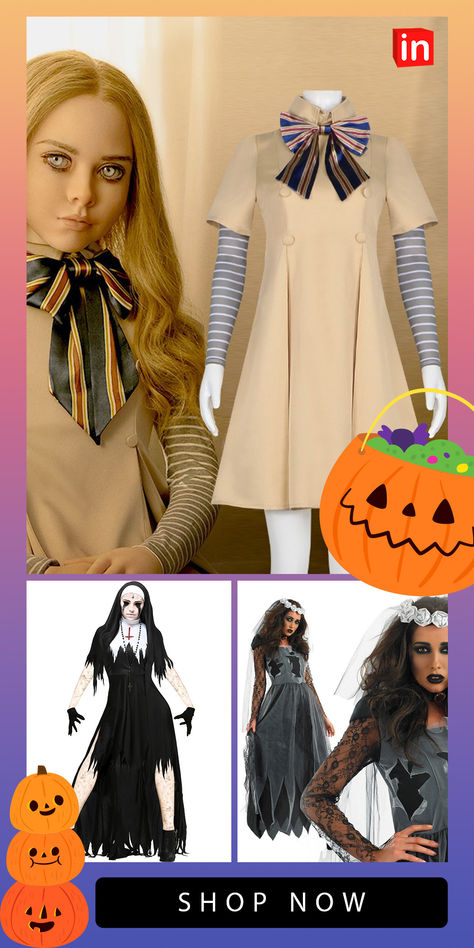 Classic Horror Movie Costumes, Megan Costume, Megan Cosplay, Horror Movie Costumes, Dress Bow Tie, Carnival Masquerade, Wednesday Dress, Movie Cosplay, World Book Day Costumes