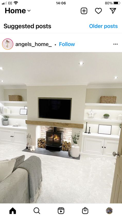 Howdens Living Room, Fireplace And Media Wall, Modern Wood Burner Living Room, Living Room Stove Fireplace, Chimney With Shelves, Built In Stove Fireplace Ideas, Next Living Room Ideas, Media Wall With Wood Burner, Stove Media Wall