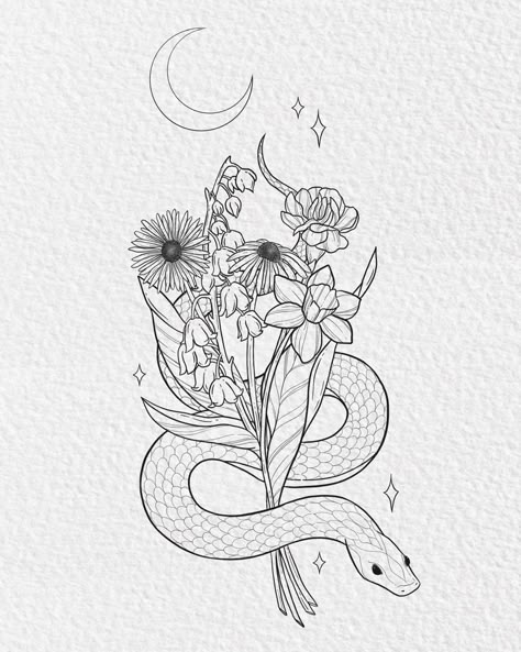 Snake tattoo wrapped around flowers moon and stars Snake And Daffodil Tattoo, Botanical Snake Tattoo, Flower And Snake Tattoo, Tiger Lily Tattoos, Celestial Snake, Ivy Tattoo, Daffodil Tattoo, Possible Tattoo, Daisy Tattoo