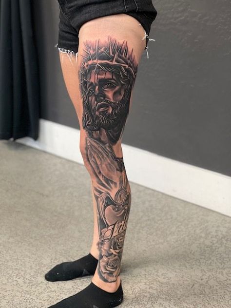 Religious Leg Sleeve Tattoo, Tattoo Instagram, Black Jesus, Religious Tattoo, Jesus Tattoo, Leg Sleeve Tattoo, Leg Sleeve, Leg Tattoo, Leg Sleeves