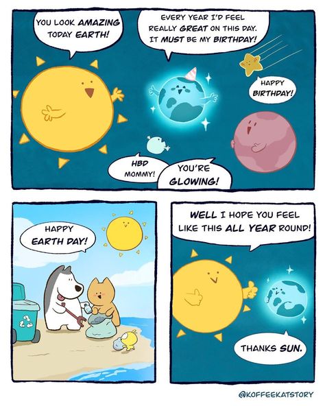 Koffee Kat on Instagram: “Happy Earth DaY!! Lets do something for out planet. Let it be earth day everyday 💚🌍 #comicstrip #comics #comicseries #comicstripart…” Earth Day Comic Strip, Cat Questions, Earth Day Everyday, Animal Comics, Planet Comics, Geeky Humor, Happy Earth Day, Funny Comic Strips, Starry Nights