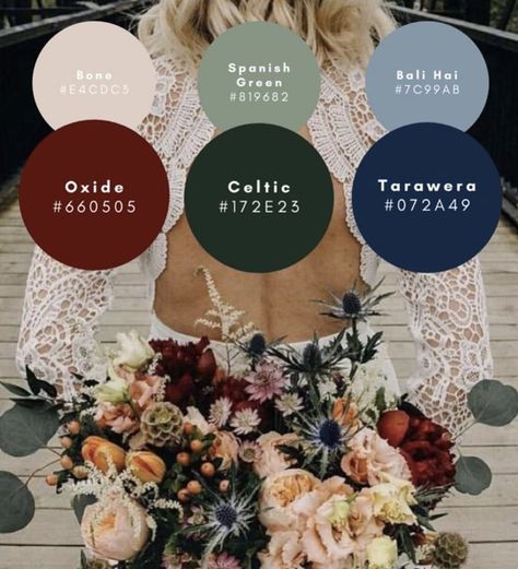 October Wedding Pallet, Southwestern Wedding Color Palette, Outdoor Wedding Colour Schemes, February Country Wedding, Dark Teal Wedding Palette, Wedding February Colors, June Wedding Colors Palette, Unique Color Schemes Wedding, Mountain Wedding Palette