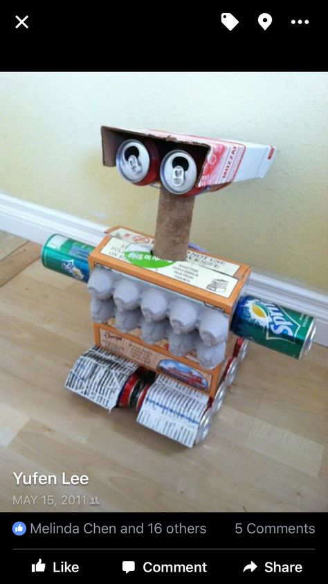 Recycle robot, aka Wali Junkbots Ideas, Trash Robot Project, Make A Robot Out Of Recycled Items, Recycled Crafts Robot, Robot Recycled Materials, Recycle Robot Project Ideas, Robot Made Out Of Recycled Materials, Diy Robot From Recycled Material, Recycled Robot Project