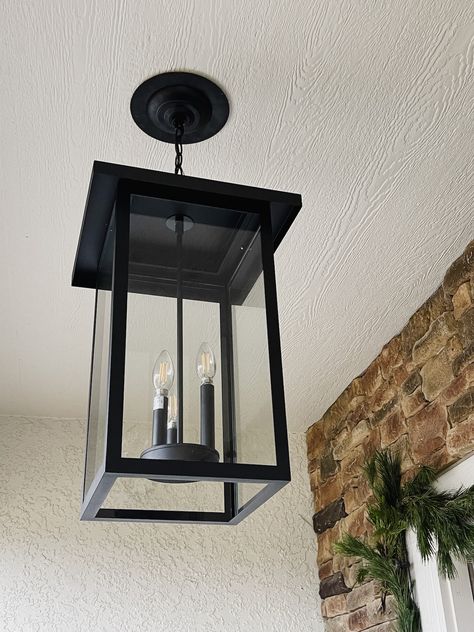 Outdoor Porch Lighting Ceiling, Black Front Porch Light Fixtures, Hanging Front Porch Lighting, Front Door Pendant Light, Outdoor Wall Lights On House Porch, Outdoor Pendant Light, Black Porch Lights Front Entry, Porch Chandelier, Exterior Pendant Lighting Front Doors