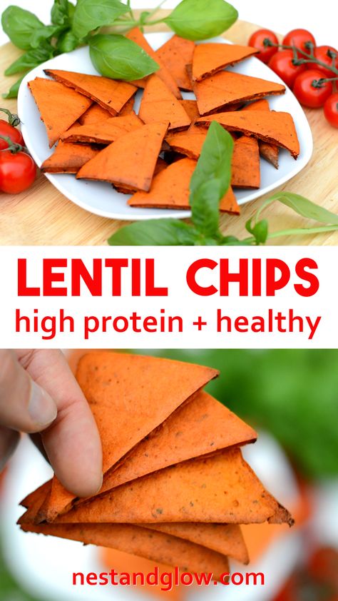 lentil chips that are high protein, gluten free and healthy without oil Chip Replacement Healthy, High Protein Vegan Gluten Free Recipes, Protein Chips Recipe, Vegan Protein Breakfast, High Protein Vegan Snacks, Vegan Super Bowl, Best Vegan Snacks, Lentil Chips, Healthy Chips