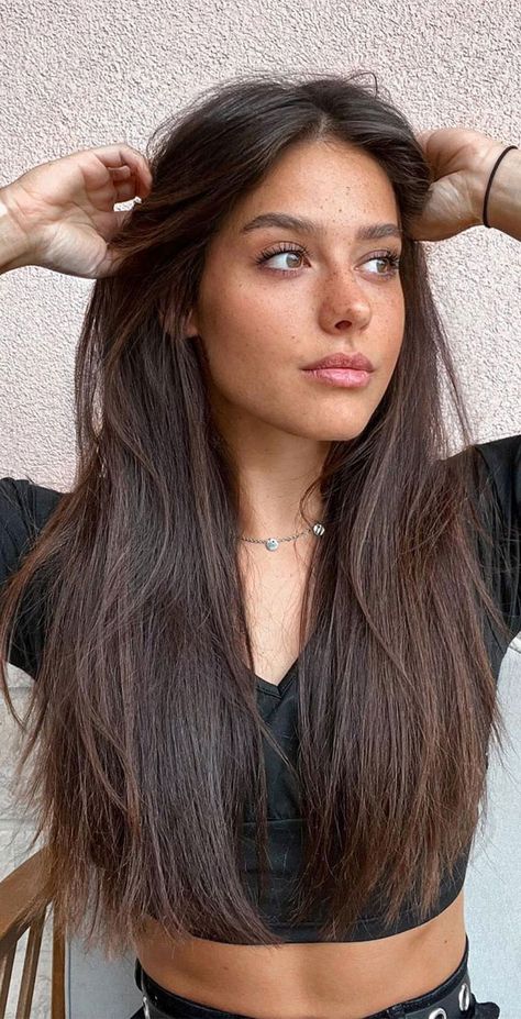 Warmer Dark Brown Hair, Long Brown Summer Hair, Dark Brown Hair And Brown Eyes, Medium Brown Hair Solid Color, Dark Brown Neutral Hair, Cappuccino Hair Color Dark Brown, Hair Color For Brown Eyes And Tan Skin, Chocolate Black Tea Hair Color, Dark Brown Hair On Tan Skin