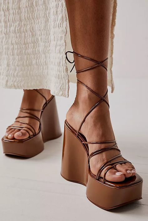 Jeffrey Campbell | Free People Platforms Outfit, Greece Vacation Outfit, Upcoming Fashion Trends, Strappy Platform Heels, Shoes Boots Heels, Brown Wedge Sandals, Heels Sneakers, Brown Wedges, Wrap Sandals