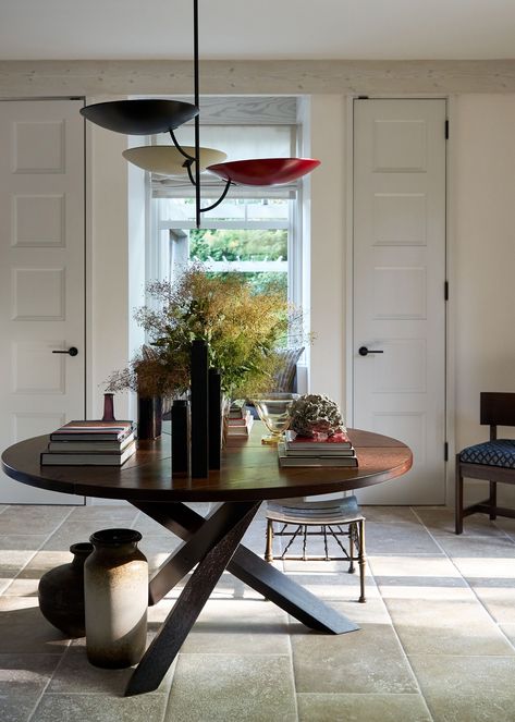 Huntting Lane – Sawyer | Berson Sawyer Berson, Circular Dining Table, French Limestone, Dark Floors, Architecture Landscape, Dark Walls, Grey Curtains, Italian Lighting, East Hampton