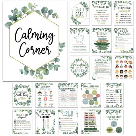 PRICES MAY VARY. Calming Corner Poster Set: you will get 20 pieces of feelings poster in 20 kinds of styles, each measures about 10 x 8 inches/ 25 x 20 cm, assorted styles to show different cooling methods and incentives, creating a peaceful and harmonious environment for your babies Fresh and Lively Design: our emotions poster mainly features eucalyptus elements, printed with barometer, character, cloud, geometric figure and some calm down methods, lovely and vibrant, helpful for allowing your Classroom Decor Botanical, Eucalyptus Classroom Bulletin Board, Creating A Calm Classroom Environment, Preschool Classroom Decorations, Calming Corner Upper Elementary, Nature Classroom Decor, Calming Corner Classroom, Calming Classroom Decor, Calm Down Corner Rules Poster