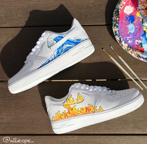 Hand painted air forces Shoes Hand Painted, Painted Airforces Diy, Diy Sneakers Paint, Airforce Painting Ideas, White Shoes Painting Ideas, Painting On Sneakers, Painting White Shoes, Air Force Painting Ideas, Painted Air Forces