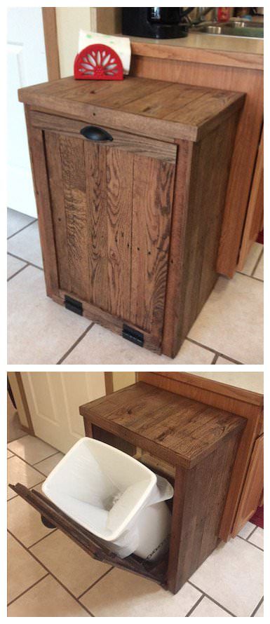 I made the frame for the cabinet out of old 4x4 scraps of left-over pine sized to fit our pre-existing plastic trash bin. Once the frame was made, I covered it in oak pallet wood that I had on hand.… Old 4x4, Trash Cabinet, Trash Can Cabinet, Pallet Cabinet, Pallet Kitchen, 1001 Pallets, Plastic Trash, Recycled Pallets, Pallet Crafts