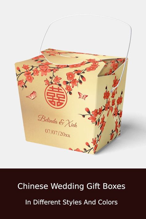 Enhance your Chinese wedding celebration with these customizable gift boxes for your guests. Each box features a heartfelt 'Thank You' message, allowing you to express your gratitude to your loved ones. Additionally, I provide gift boxes to give to the couple, which can be customized with their names on both sides. #chineseweddinggiftpackaging #chineseweddingfavorsgiftboxes #chineseweddinggiftsforguests #chineseweddingfavorsforguests #chineseweddinggiftboxes #chineseboxpackagingweddingfavors Chinese Cherry Blossom, Chinese Wedding Favors, Take Out Boxes, Wedding Chinese, Red Gold Wedding, Chinese Take Out, Cherry Blossom Wedding, Wedding Red, Wedding Gift Boxes