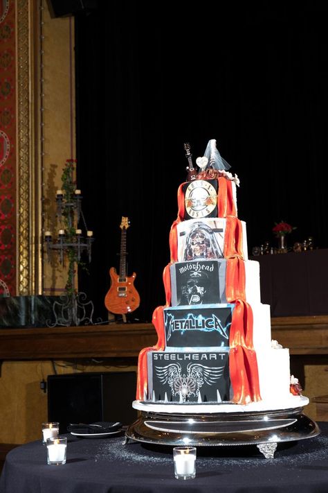 Eighties Heavy Metal Concert for Rock Royalty Wedding · Rock n Roll Bride Heavy Metal Wedding Cake, Rock And Roll Wedding Cake, Metal Themed Wedding, Rock Wedding Theme, Rock N Roll Cake, Emo Wedding, Heavy Metal Wedding, Wedding Cake Rock, Royalty Wedding