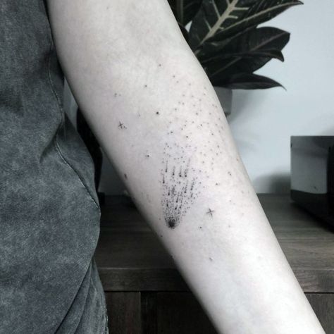 Stardust Trail Tattoo, Space Dust Tattoo, Meteor Tattoo Ideas, Exploding Star Tattoo, Meteorite Tattoo, Space Stars Tattoo, Comet Tattoo Ideas, Asteroid Tattoo, Star Dust Tattoo