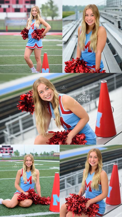 Cheerleading Senior photography at football stadium Senior Sports Photography, Amanda Wilson, Banner Photography, Senior Cheerleader, Senior Photo Ideas, Cheer Photography, Senior Banner, Cheryl Blossom Riverdale, Mini Photo Sessions