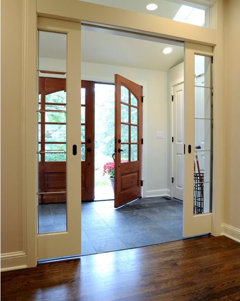 Closed Foyer, Basement Doors, Space Dividers, Foyer Entryway, Grand Foyer, Pocket Door, Front Door Design, Closed Doors, Pocket Doors