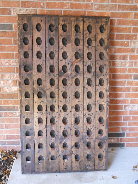 "PLEASE NOTE  This item is not in stock. I will build your order for you personally. Please go to my main shop page for the shipping time frame. Thanks, Mark You will fall in love with this Distressed 77 bottle French champagne riddling rack!  Its warm, rustic look will add an attractive flair to your home.  What a wonderful way to store all your keepsake and favorite bottles of wine.  Bottle openings are authentically elongated.  Sides of rack are neatly framed with tight mitered corners to giv Riddling Rack, Provincial Stain, Wood Wine Racks, Lamb Decorations, Wine Wall, Wall Rack, French Wine, Bottle Rack, Springfield Mo