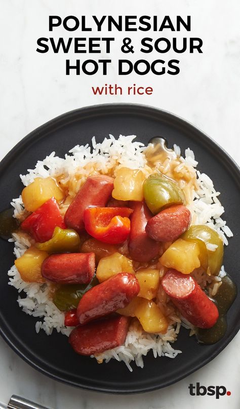 Hot dogs are the unsung heroes of dinnertime, and here’s another recipe that proves it! Toss pineapple pieces, bits of bell pepper and sliced hot dogs in a homemade sweet and sour sauce, then serve over rice for a dinner that’s fast, cheap and supremely satisfying. Sweet And Sour Hot Dogs, Hot Dog Rice, Recipes That Use Hot Dogs, Rice And Hot Dogs Recipe, Hot Dogs And Rice, Light Suppers, Sour Recipes, Lil Smokies Recipes, Food Menu Ideas