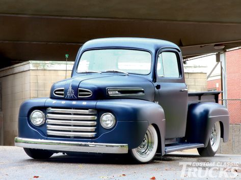 Check out this 1949 Ford F-1 truck that has a small-block Chevy engine shod in various chrome and aluminum dress-up goodies that delivers all the power the TH350 trans can handle. Read more about this classic only at www.customclassictrucks.com, the official website for Custom Classic Trucks Magazine! Classic Trucks Magazine, 1949 Ford, Ford F1, Vintage Pickup Trucks, Old Ford Trucks, Old Pickup Trucks, Classic Pickup Trucks, Ford Pickup Trucks, Classic Truck