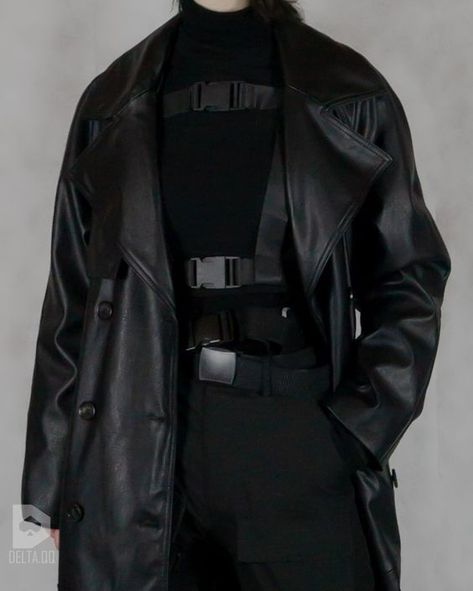 Leather Goth Outfit Men, Agent Outfit Male, Male Spy Aesthetic, Villain Aesthetic Outfits Male, Cyberpunk Outfit Male, Goth Oc, Assassin Clothing, Agent Aesthetic, Scifi Outfit