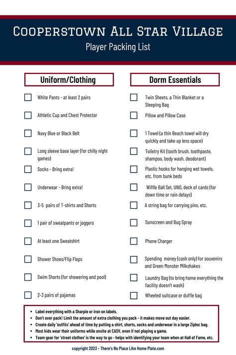 Printable packing list for baseball players headed to Cooperstown All Star Village. Cooperstown Fundraising Ideas, Baseball Tournament Packing List, Cooperstown Packing List, Cooperstown All Star Village, Travel Size Toothpaste, Baseball Things, Cooperstown Dreams Park, Softball Tournaments, Printable Packing List