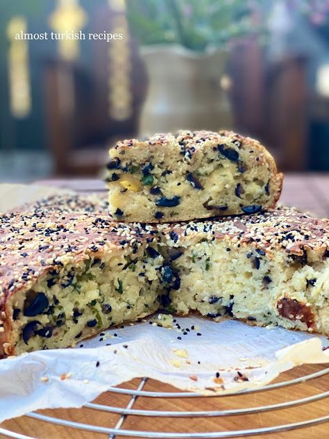 Almost Turkish Recipes: Cheese and Olive Cake with Sesame Seeds (Susamlı, Peynirli ve Zeytinli Kek) Manakeesh Recipe, Olive Cake, Cypriot Food, Recipes Cheese, Olive Bread, Breakfast Bread Recipes, Savory Pastry, Greek Cooking, Salty Cake