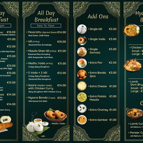 Attention all foodies!

Introducing our delicious menu! Our food menu is a beautiful and delicious journey through the flavors of India, featuring South Indian breakfast dishes, biriyanis, and of course, masala chai and many more. 

Location : 34 Camden st, Dublin2. 

#hyderabadikitchen #indianrestaurant #southindianrestaurant #restaurantmenu #menu #foodmenu #food #breakfast #southindianbreakfast #southindianfood #deliciousfood #indianfood #ireland #indianfoodinireland #dublinfood #dublin South Indian Food Menu Design, South Indian Menu Design, Indian Restaurant Menu Design Ideas, South Indian Restaurant Interior Design, Indian Menu Design, Tiffin Menu, Indian Restaurant Interior Design, Canteen Menu, Indian Food Menu