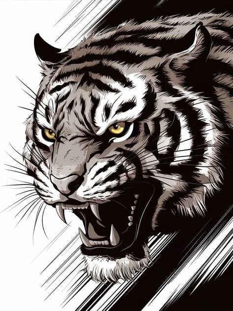 A striking black and white illustration of a fierce tiger's head, with its piercing yellow eyes and sharp teeth bared. The tiger's fur is detailed in a high contrast style, highlighting the intricate patterns and markings. The background is minimalistic, allowing the tiger's head to stand out prominently, creating an intense and powerful atmosphere Asian Tiger Drawing, Angry Tiger Drawing, Tiger Head Tattoo Design, Tiger Fierce, Tiger Head Tattoo, Headdress Tattoo, Tiger Sketch, Japanese Tiger Tattoo, Dragon Tattoo Sketch