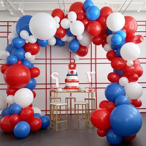 PRICES MAY VARY. 140 PCS RED WHITE BLUE BALLOONS DIFFERENT SIZES: Package includes 18 inch balloons 4 pcs, 12 inch balloons 30 pcs, 10 inch balloons 45 pcs, 5 inch small balloons 60 pcs, balloon decorating strip kit 1 set NON-TOXIC & SAFE: Made of latex, safe and non-toxic, recommended to use with a balloon hand pump or electric balloon pump WHAT TO FILL WITH: Latex balloons filled with AIR will stay full for up to 72 hours, while with HELIUM will stay full for 3-6 hours. For best float results, White And Blue Balloons, Red White Decor, Red White And Royal Blue, Small Balloons, Party Inspo, Red Party, Anniversary Decorations, 4th Of July Decorations, Decorations Party