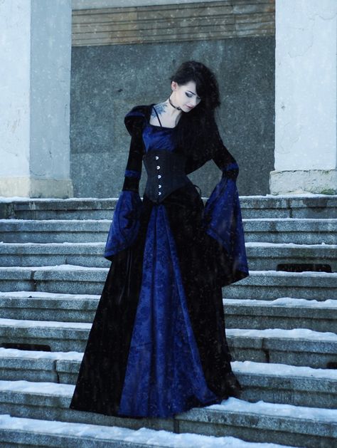 Navy Blue and Black Velvet Gothic Hooded Medieval Gown  #medievaldress #gothicmedievaldress #gothicvampiredress #gothciwitchdress #medievalhalloweencostume Blue Gothic Outfit, Blue Goth Outfits, Blue Fantasy Dress, Blue Velvet Prom Dress, Goth Gown, Villain Dresses, Goth Styles, Blue Velvet Gown, Navy Blue Long Dress